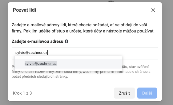 Zadání e-mailu do pozvánky v Business Manageru