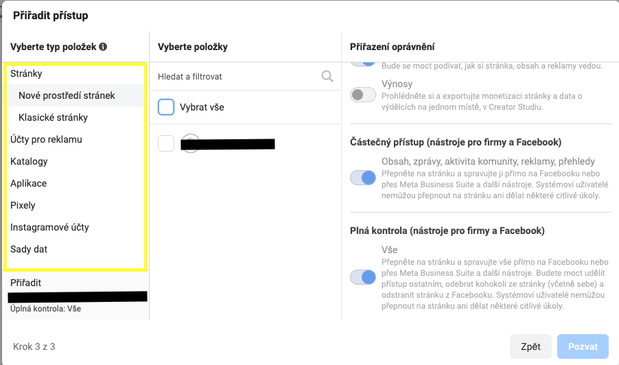 Přiřazení přístupu k aktivům v Business Manageru