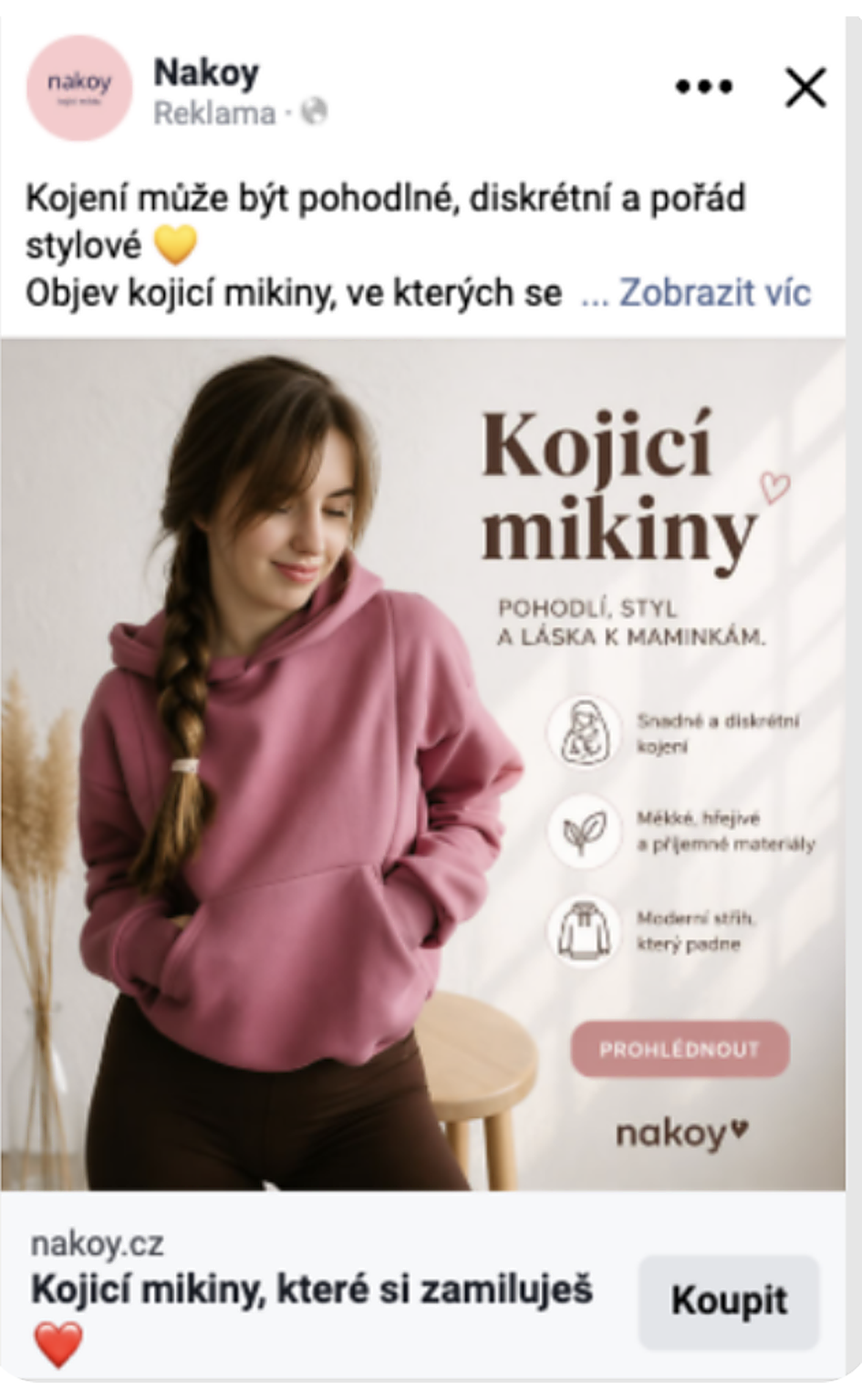 Meta Ads kreativa pro Nakoy – kojicí mikiny